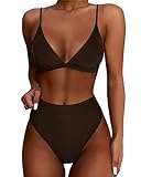 SUUKSESS Women High Waisted High Cut Bikini Sets Sexy Triangle Two Piece Swimsuits Push Up Bathing Suits (Deep Brown, M)