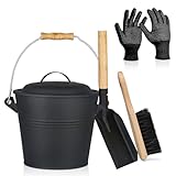 Ash Bucket with Lid, Fireplace Tools Set Mini Ash Bucket with Lid Gloves Hand Broom and Shovel for Grill Fire Pit 1.5 Gallon Metal Bin Wood Stove Accessories Cleaning Pellet Storage Container