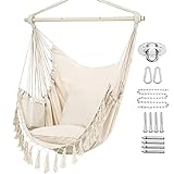 Y- STOP Hammock Chair Hanging Rope Swing, Max 500 Lbs, 2 Cushions Included, Large Macrame Hanging Chair with Pocket for Superior Comfort, with Hardware Kit, Beige