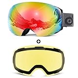 Odoland Magnetic Interchangeable Ski Goggles with 2 Lens, Large Spherical Frameless Snow Snowboard Goggles for Men Women, Black Frame, Mirror Blaze and Yellow Lens