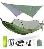 Camping Hammock with Net Tent and Rain Fly Tarp, Double Portable Hammock, 2 Person Ripstop Nylon Parachute Hammock with Heavy Duty Tree Strap for Camping Hiking Backyard Outdoor Backpacking Travel