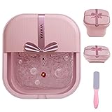VIVIYA Collapsible Foot Bath Spa with heat and Massage Rollers, Foldable Foot Soak Tub with Bubbles Jets and LED light, Pedicure Foot Spa Massager with Foot Scrubber for Home Use (Pink)