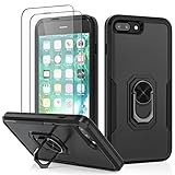 KSWOUS for iPhone 8 Plus Case, iPhone 7 Plus Case, iPhone 6 Plus Case with Screen Protector[2 Pack], Shockproof Military Grade [360° Rotatable Ring Kickstand] Protective Cover 5.5 inch, Black