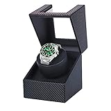 Automatic Single Watch Winder with Quiet Japanese Motor, in Wood Shell and Black Leather(Carbon Fiber Leather)