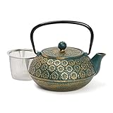 Green Floral Cast Iron Teapot Kettle with Stainless Steel Loose Leaf Infuser (34 oz)