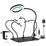 5X&10X Magnifying Glass with Light and Stand, KUVRS Flexible Magnetic Helping Hand, Large Base & Clamp Magnifying Lamp, 3 Color Adjustable Arm Desk Magnifier with Light for Soldering Craft Hobby