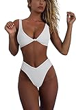 Womens Thong Bikini Swimsuits Set White Solid V Neck Brazilian High Cut Cheeky High Waisted Two Piece Bathing Suit L