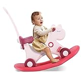 4 in 1 Rocking Horse for Toddlers 1-3 Years Old, Balance Bike Ride On Toys with Push Handle, Backrest and Balance Board for Baby Girl and Boy, Unicorn Kids Riding Birthday (Red)