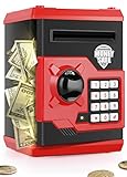 PLAYSHEEK Piggy Bank for Girls Boys Large Electronic Money Coin Banks with Password Protection, Automatic Paper Money Scroll Saving Box, Great Gift for Kids (Black-Red)