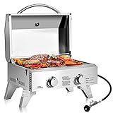 Happygrill Portable Gas Grill Stainless Steel Propane Grill Two-Burner Outdoor BBQ Grill with Foldable Leg for Camping Picnics, 20,000 BTU