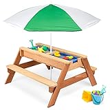 Best Choice Products Kids 3-in-1 Sand & Water Activity Table, Wood Outdoor Convertible Picnic Table w/Umbrella, 2 Play Boxes, Removable Top - Green