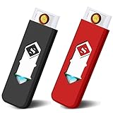Electronic Lighter, Push Out USB Rechargeable Lighter with Keychain, Windproof Flameless Double-Sided Ignition Plasma Electric Lighter with USB Charging Cable for Outdoor Indoor Father (Black+Red)