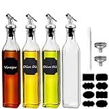 Oil Dispenser Bottle 4 Pack , WERTIOO 17 OZ Glass Olive Oil and Vinegar Dispenser Set Oil Container with Funnel & Pen and Tag for Kitchen