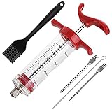 Meat Injector Syringe,Stainless Steel Food Seasoning Syringe Kit with 1pc Barbecue Brush, 2pcs Needles and 1pc Needles Cleaner, Great for BBQ, Grilling, Baking and Cooking