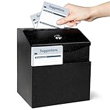LINSIRON Suggestion Box with Lock for Office & Hotel - Includes 50 Free Cards, Black Metal Donation Box, Cash box,Ballot box, Secure Wall Mounted