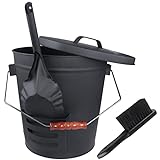 Ash Bucket with Lid and Shovel Hand Broom, 5.15 Gallon Large Galvanized Iron Metal Fireplace Tools Ash Pail for Fire Places Fire Pits Wood Burning Stoves Hearth Accessories Indoor Outdoor, Black