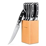 OAKSWARE Steak Knives Set of 8, Non Serrated Steak Knives with Block, 5 inch German Stainless Steel Straight Edge Steak knife with Full Tang Handle, Rust Resistant ＆ Easy to Maintain