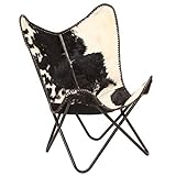 Home Decor Genuine Goat Leather Butterfly Arm Chair with Black/Brown White Hair on Cover (Black and White with Black Frame)
