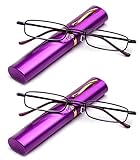 2 Packs Pocket Readers Ultra Slim Compact Tube Reading Glasses in Purple +2.50