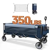 TIMBER RIDGE 51.2'' Extended Collapsible Wagon Cart with Cargo Net, 350LBS Heavy Duty Foldable Utility Wagon with Adjustable Handle, 250L Capacity Portable Cart for Camping Sports Shopping, Blue