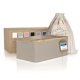 LARS NYSØM Bread Box I Metal bread box with linen bread bag for long lasting freshness I Bread box with bamboo lid usable as cutting board I 13.4x7.3x5.3In (Greige)