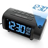 LIORQUE Projection Alarm Clocks for Bedroom, Radio Alarm Clock with Projection on Celling, USB Charger, Temperature Monitor, Weekend Mode, 2-Color White-Blue VA Display with 4 Dimmer, Adapter Included