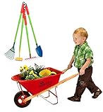 HearthSong Durable Kids' Grow-with-Me Red Wheelbarrow and Adjustable Garden Tool Set; Includes Wheelbarrow, Shovel, Hoe, Leaf Rake, and Soil Rake