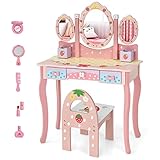 Costzon Kids Vanity Table & Chair Set, 2 in 1 Princess Makeup Dressing Table w/Detachable Top, Toddler Vanity w/Tri-fold Mirror, Drawers & Accessories, Pretend Play Vanity Set for Little Girls, Pink