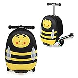 HONEY JOY Kids Scooter Suitcase, 18” Children Carry on Scooter Luggage w/Light-up LED Wheels, Waterproof Shell & Retractable Handle, Lightweight Foldable Ride on Suitcase