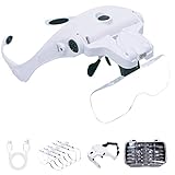 Headband Magnifier Glasses USB Charging, Hands Free Head Mount Magnifying Glasses with LED Light for Jewelry Craft Watch Repair Hobby 5 Replaceable Lenses 1.0X 1.5X 2.0X 2.5X 3.5X (White)
