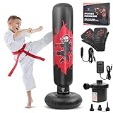 THB Inflatable Punching Bag for Kids, 63' Freestanding Ninja Boxing Bag Including Electric Air Pump with Gloves for Practicing Karate, Taekwondo, MMA (Black)