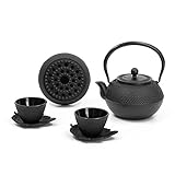 House of Lizassaintt-Home Cast Iron Teapot Set (40 oz Japanese Tea pot) Enamel Coated Cast Iron Tea Kettle with Tea Cups, Saucers, Infuser & Warmer