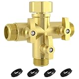 YANWOO Heavy Duty Metal 3 Way + Type Garden Hose Splitter with Shut-Off Valves, 3/4' High Flow Spigot Faucet Connectors with 4 Extra Silicone Washers
