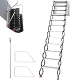 VEVOR Attic Stairs Pull Down 12 Steps, Wall-Mounted Folding Attic Ladder Alloy Attic Steps, Retractable Loft Ladder with Widen Anti-Skid Pedal and Armrests, 9.8FT Height, Black