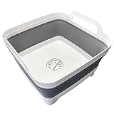 Leemeimei 9L (2.4Gal) Dish Basin Collapsible with Drain Plug Carry Handles,Kitchen Storage Tray Dish Wash Basin, Portable Dish Tub, Foldable Dishpan for Camping,RV,Gray
