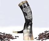 Viking Drinking Horn - 12 Inch with Horn Stand & Brass Rim 100% Authentic Handmade Beer Cup | Food Grade | Unique Genuine Ox Horn Thor Engraved - 1 Piece