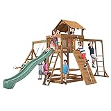 Creative Playthings Spring Hill Wooden Swing Set with Monkey Bars (Made in The USA) for Ages 2 to 8 Years, Includes Kids Climbing Wall, Monkey Bars, Playground Swings and Slide,15 x 20 x 11 ft