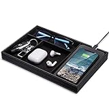 Valet Tray, Built in Wireless Charging Pad, Nightstand Organizer, Dresser Organizer, Mens Jewelry Box, Valet Charging Station, Faux Leather Valet Tray for Men and Women, (Black)
