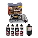 Grill Boss 90057 Dual Fuel Camp Stove Combination Pack | Includes 4 x 8 oz. Tins of Butane Fuel | Stove Works with both Butane and Propane | Perfect for Camping & Hiking | Single Burner 12k BTU Output | Single Burner Dual Fuel Camp Stove