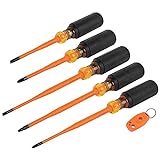 Klein Tools 33736INS Insulated Screwdriver Set, 1000V Slim-Tip Driver with Phillips, Cabinet and Square Bits and a Magnetizer, 6-Piece