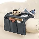 Sofa Armrest Organizer with Top Tray for Couch Recliner, 5 Pockets TV Remote Control Holder Foldable Armchair Bedside Caddy Organizer Storage Bag for Magazines Cellphone Drinks Snacks Tea Cup (Grey)