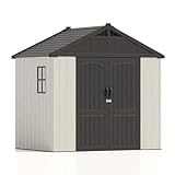 Patiowell 8' x 6' Plastic Outdoor Storage Shed with Floor, Resin Shed with Window and Lockable Door for Garden, Backyard, Tool Storage Use, Easy to Install in Gray and White (Kick-it Shed)