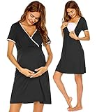 Ekouaer Summer Maternity Nursing Nightogwn Breastfeeding Dress Short Sleeve Nursing Pajamas (Black XL)
