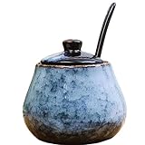 Antique Ceramic Sugar Bowl Salt Bowl with Lid and Spoon 8oz Seasoning (Grey Blue) Seasoning Can