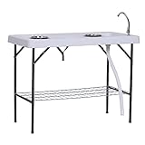Outsunny Folding Fish Cleaning Table with Sink, Portable Camping Table with Faucet Drainage Hose, Grid Rack and Fish Cleaning Kit for Picnic, Fishing, 50'