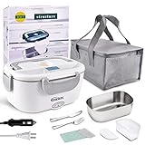 COROTC 60W Electric Lunch Box, 12V 24V 110V 3 in 1 Leak Proof Heated Lunch Box, Portable Microwave For Car Office, 304 Stainless Steel Electric Lunch Box Food Heater With Lunch Bag, Gray
