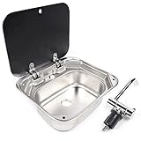 Outdoor RV Sink W/ Faucet &Cover, Stainless Steel Sink RV Kitchen Sink Bar Hand Wash Basin Sink for RV Caravan Camper Boat Bar Prep Hand Sink w/ Spout Faucet & Strainer Full set