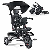 TODUFULL Folding Kids' Tricycle, 8 IN1 Baby Trike W/Removable Canpoy&Parental Push Rod, Toddler Bike Stroller for Kids 1-5 Years, 360° Swivel Seat, EVA Wheels，Storage Basket, Black