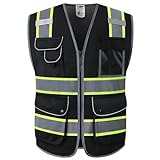 JKSafety 9 Pockets High Visibility Zipper Front MESH Black Safety Vest | Black with Dual Tone High Reflective Strips | ANSI/ISEA Standards (100-Black, L)