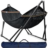 Tranquillo Double Hammock with Stand Included for 2 Persons/Foldable Hammock Stand 600 lbs Capacity Portable Case - Inhouse, Outdoor, Camping, Black